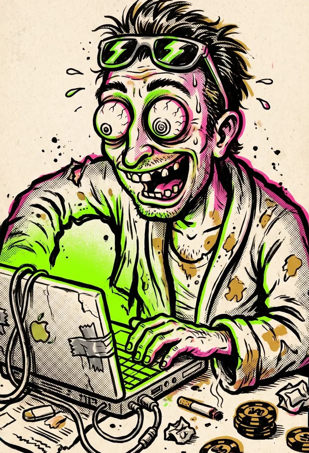 Cartoon caricature of a wild-eyed degenerate hunched over a glowing laptop